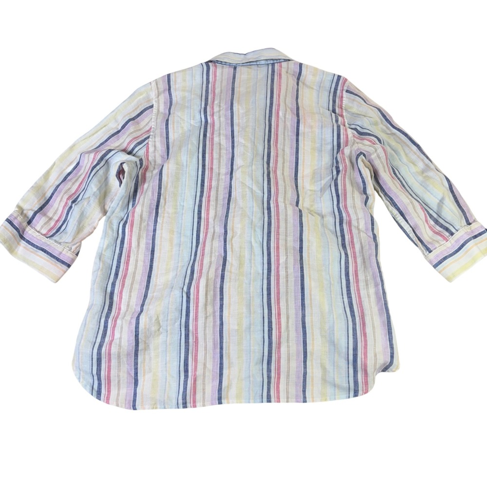 Chicos No Iron Linen Striped Button Down Shirt Womens 2 L 12/14 Mul 3/4 Sleeve - Picture 2 of 9